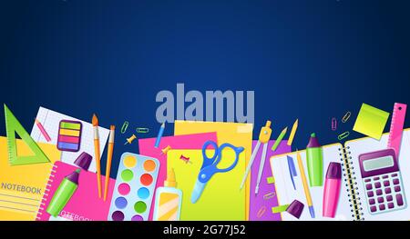 School poster with stationery and education supplies for children study on blue background. Vector cartoon poster with border of school stuff, pen, pencils, eraser, notebooks, scissor and calculator Stock Vector