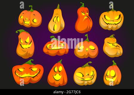 Scary Halloween pumpkins with spooky smile and yellow glow. Vector cartoon set of traditional autumn lantern from orange pumpkin with evil face and light inside Stock Vector