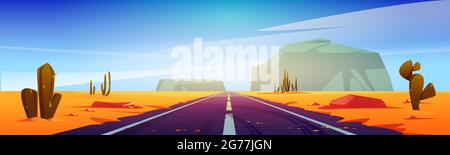 Road in desert scenery landscape with rocks and dry ground. Straight empty highway in Arizona Grand Canyon, asphalted way disappear into the distance with sun. Cartoon vector illustration Stock Vector