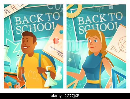 Back to school cartoon posters with girl and boy students wearing schoolbags stand in classroom with blackboard, chemistry and mathematics studying equipment. Education, knowledge vector illustration Stock Vector