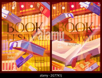 Book festival posters with library interior. Invitation flyers to event with literature presentation and fair. Vector banners with cartoon illustration of shelves and flying books Stock Vector