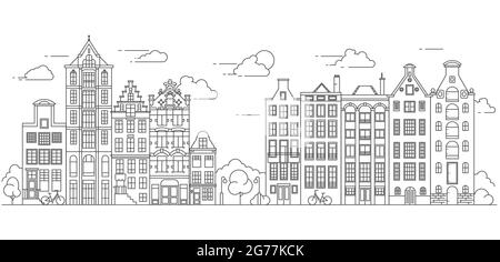 Amsterdam old-style houses. Typical dutch canal houses lined up near a canal in the Netherlands. Building and facades for Banner or poster. Vector lin Stock Vector