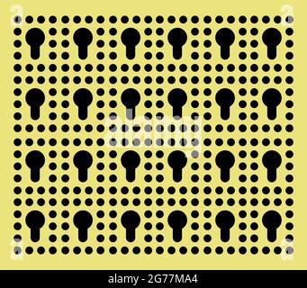 Peg board with curly holes. Yellow peg board perforated texture background for working bench tools. Vector illustration. Stock Vector