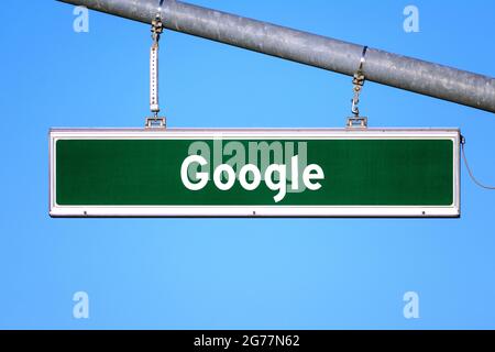 Google road sign at Googleplex, Google Global Headquarters. - Mountain View, California, USA - 2021 Stock Photo