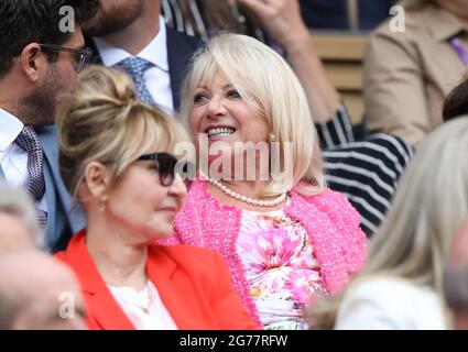 London, UK. 10th July, 2021. Elaine Paige at Wimbledon on Ladies Final Day, with the Final taking place on Centre Court between Ashleigh Barty and Karolina Pliskova, which Barty won by 2 sets to 1. Wimbledon Day Twelve Credit: Paul Marriott/Alamy Live News Stock Photo