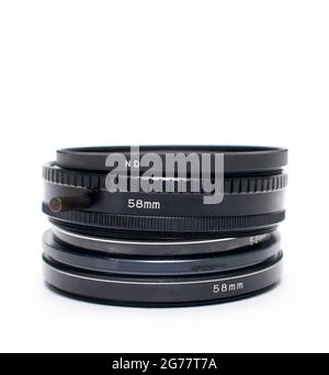 Old camera lens filters Stock Photo