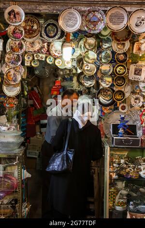 Tehran bazaar, old shop of plates, historical trading center as labyrinth, Tehran, Iran, Persia, Western Asia, Asia Stock Photo