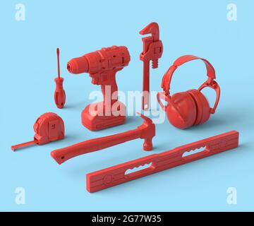 Isometric view of monochrome construction tools for repair and installation on blue and redbackground. 3d rendering and illustration of service banner Stock Photo