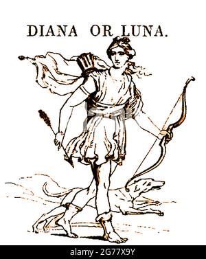 An 1839  depiction of the Greek  & Roman  mythological figure  Diana (sometimes called the huntress goddess) who is still revered in revered in modern   Roman neopaganism, Stregheria (the Old Religion), and Wicca. Equivalent or associated  mythological figures to Diana include Artemis, Egeria the water nymph, Hecate, Virbius and the moon ,  (Luna and/or Selene). She is also associated with the countryside,  childbirth, woodland areas, crossroads (especially 3-way crossroads), the way to the underworld, Stock Photo