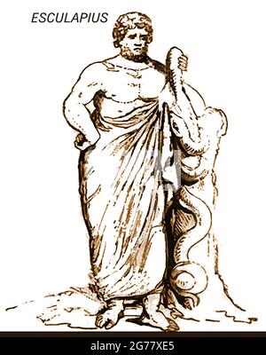 An 1839 depiction of the mythological figure Esculapius (a.k.a. Aesculapius / Asclepius / Hepius / Ἀσκληπιός ,Asklēpiós or Paean  'the healer')  Apollo's son, who represented the healing arts. His children were also healers ( His goddess  daughters were   Hygieia or 'Hygiene', - cleanliness , Iaso -recuperation , Aceso - healing  , Aegle - general  good health and  Panacea - universal remedies). The  Roman / Etruscan equivalent god  was Vediovis & in Egypt, Imhotep. He holds a caduceus similar to that held by Hermes. His physicians and attendants  were known as the Therapeutae of  Asclepius. Stock Photo
