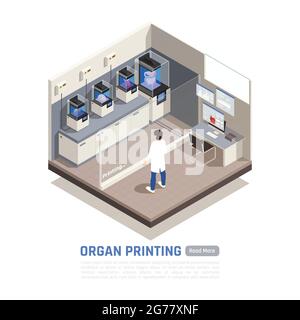 Man watching process of human organs 3d printing isometric composition vector illustration Stock Vector