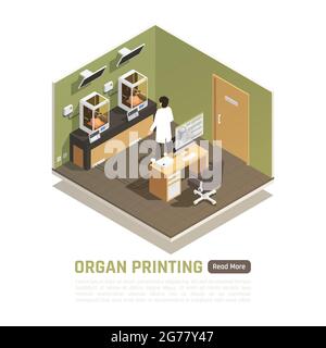Man monitoring two 3d printers printing human brain models isometric composition vector illustration Stock Vector