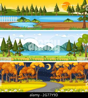 Set of different nature horizontal scenes illustration Stock Vector