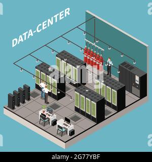 Isometric and colored datacenter composition with server room security and it staff vector illustration Stock Vector