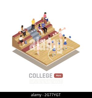 Isometric composition with college cheerleading squad dancing in gym 3d vector illustration Stock Vector