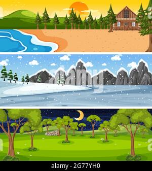 Set of different nature horizontal scenes illustration Stock Vector