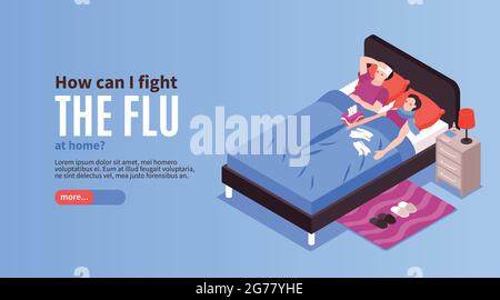 Isometric cold flu virus sick horizontal banner with characters of couple in bed having high temperature vector illustration Stock Vector