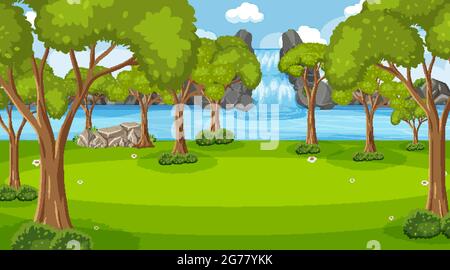 Nature scene with many trees and waterfall illustration Stock Vector ...