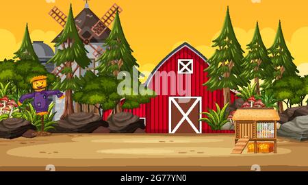 Empty farm at sunset time scene with red barn and windmill illustration ...