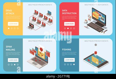 Hacker fishing digital crime isometric banner set with ddos attack data destruction spam mailing descriptions vector illustration Stock Vector