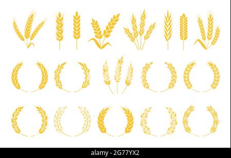 Wheat wreaths. Rice or wheat ears, barley spikes, rye grains and crops. Organic cereal plants ear silhouette, wreath element vector set. Yellow spikelets symbols for labels isolated on white Stock Vector