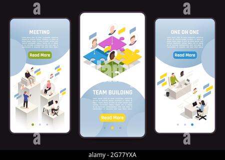 Set of isometric templates with virtual team building online meeting icons 3d isolated vector illustration Stock Vector