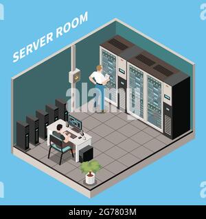 Isometric datacenter composition server room headline and engineers work in server room vector illustration Stock Vector