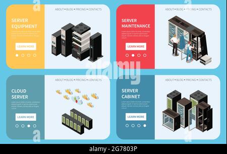 Datacenter isometric colored banner set with server equipment server maintenance cloud headlines vector illustration Stock Vector
