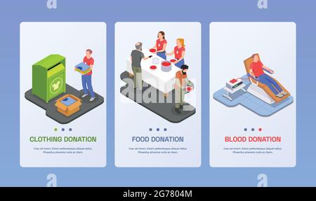 Charity donation volunteering isometric set of vertical banners with volunteer characters editable text and page buttons vector illustration Stock Vector