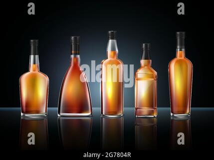Brandy cognac whiskey glass bottles composition of realistic images various shapes on glossy surface with reflections vector illustration Stock Vector