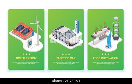 Set of three eco friendly technology vertical banners with isometric images page switch buttons and text vector illustration Stock Vector