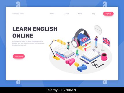 Language school isometric landing page. Isometric character learning ...