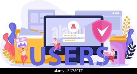 Computer users flat composition of text and human figures with desktop pc images and documents folders vector illustration Stock Vector