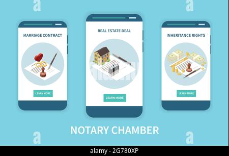 Notary chamber mobile app concept with marriage contract real estate deals inheritance rights functions on smartphone screens isometric vector illustr Stock Vector