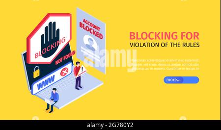 Isometric internet blocking yellow and horizontal banner with blocking for violation of the rules and more button vector illustration Stock Vector