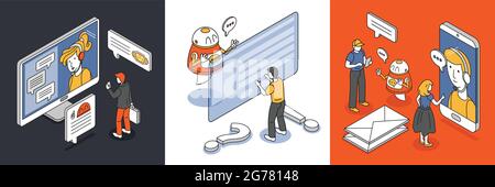 Isometric design concept with human characters asking chatbot 3d isolated vector illustration Stock Vector