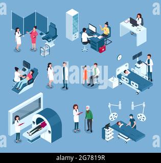 Isometric hospital workers. Doctors, surgeons with medical equipment. Doctor examining patient. Healthcare staff and patients vector set. Ultrasound checkup, mri diagnostic, consultation Stock Vector