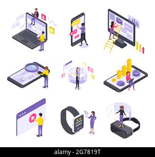 People and interfaces isometric icons collection with isolated conceptual icons electronic gadgets human characters and pictograms vector illustration. Man and woman searching in laptop, computer Stock Vector