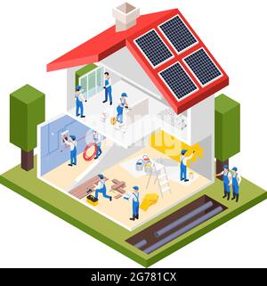 Renovation repair works isometric composition with profile view of private house under maintenance with workers brigade vector illustration Stock Vector