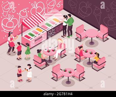 People with kids choosing and eating ice cream at cafe with pink tables and chairs 3d isometric vector illustration Stock Vector
