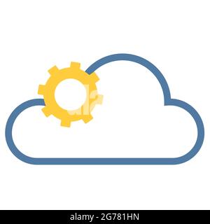 Logo for IT or any other company: a yellow gear in the form of a sun on a blue cloud background. Vector creative illustration Stock Vector