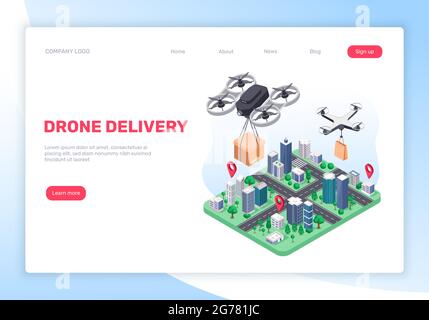 Drone delivery. Drones delivering packages to customers. Delivery service concept with flying quadcopters and city map vector landing page. Smart futuristic shipping service with parcels Stock Vector