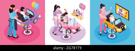 Isometric design concept with children barber doing hair of sitting in funny chair boy and girl 3d isolated vector illustration Stock Vector