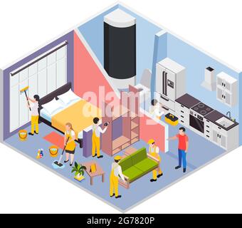 Renovation repair works isometric composition with profile view of apartment rooms with host and workers brigade vector illustration Stock Vector