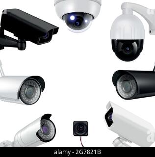 Video surveillance security cameras realistic composition black and white cameras form a circle vector illustration Stock Vector