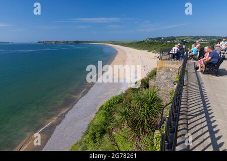 View over Tenbv South Beach from The Esplanade, Pembrokeshire, Wales Stock Photo