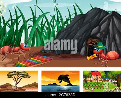 Four different nature horizontal scene  illustration Stock Vector