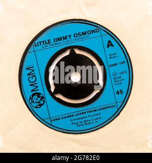 Long haired lover from Liverpool by Little Jimmy Osmond, a stock photo of the 7' single vinyl 45 rpm record in cover Stock Photo