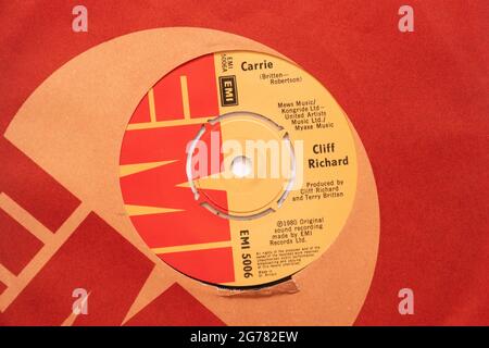 Carrie by Cliff Richard, a stock photo of the 7' single vinyl 45 rpm record in cover Stock Photo