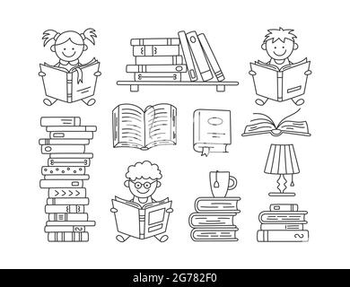 Set of books and reading children. Hand drawn small kids holding open books and reading. Set of vector illustrations isolated on white background in Stock Vector